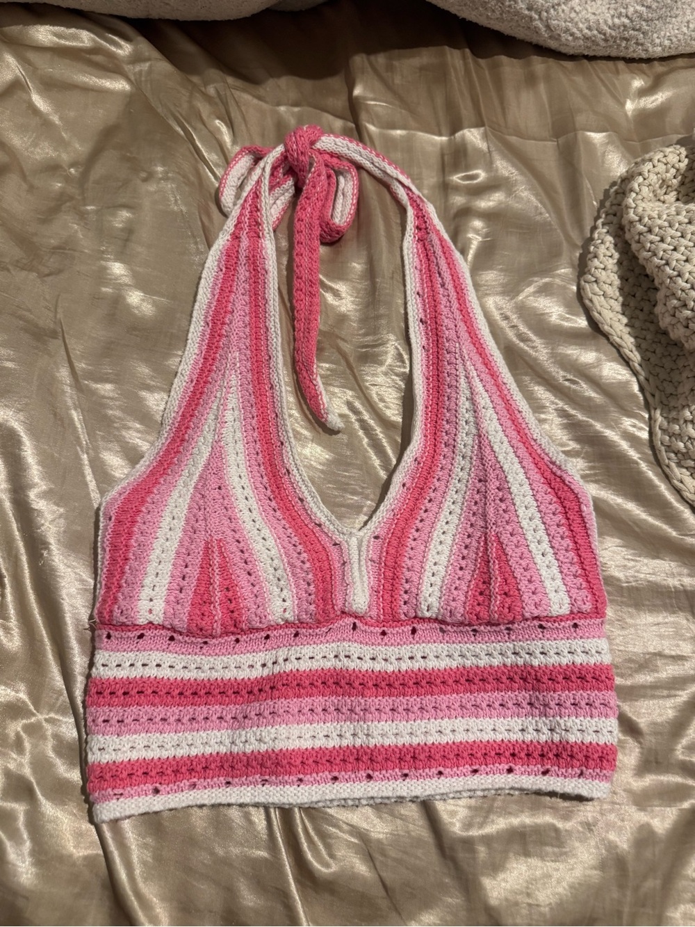 Hollister Pink & White Striped Crochet Halter Camisole
